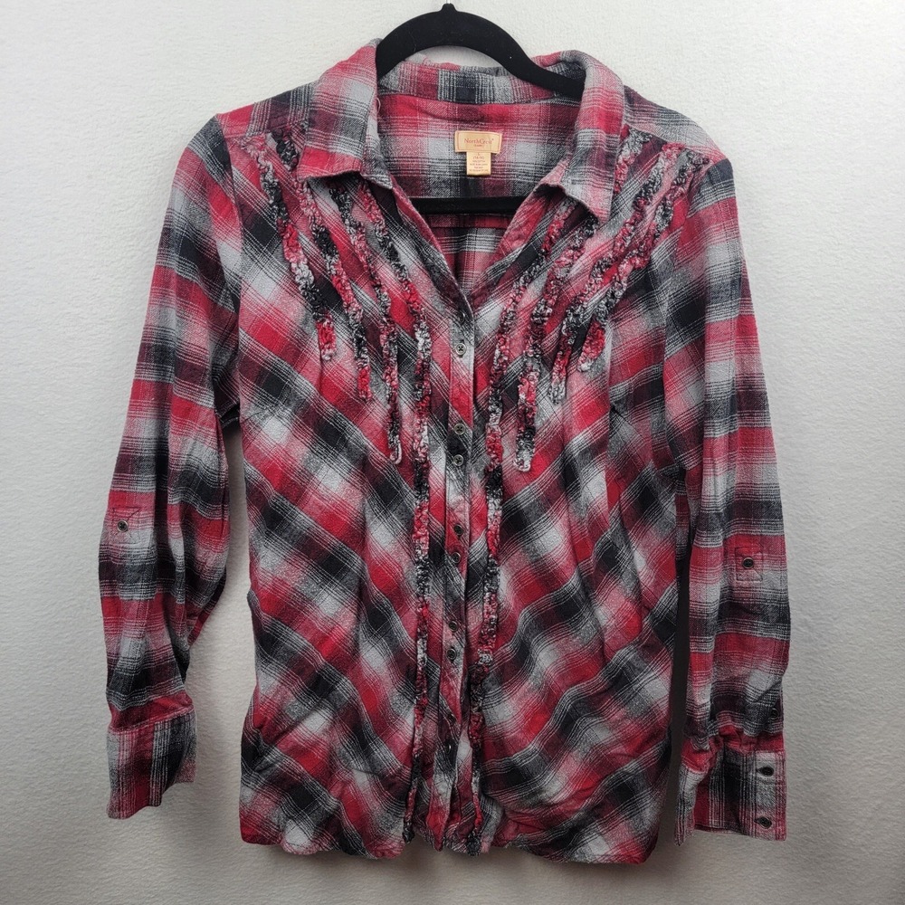 Womens Northcrest Blouse Button Up Collared Long Sleeve Red Plaid Large